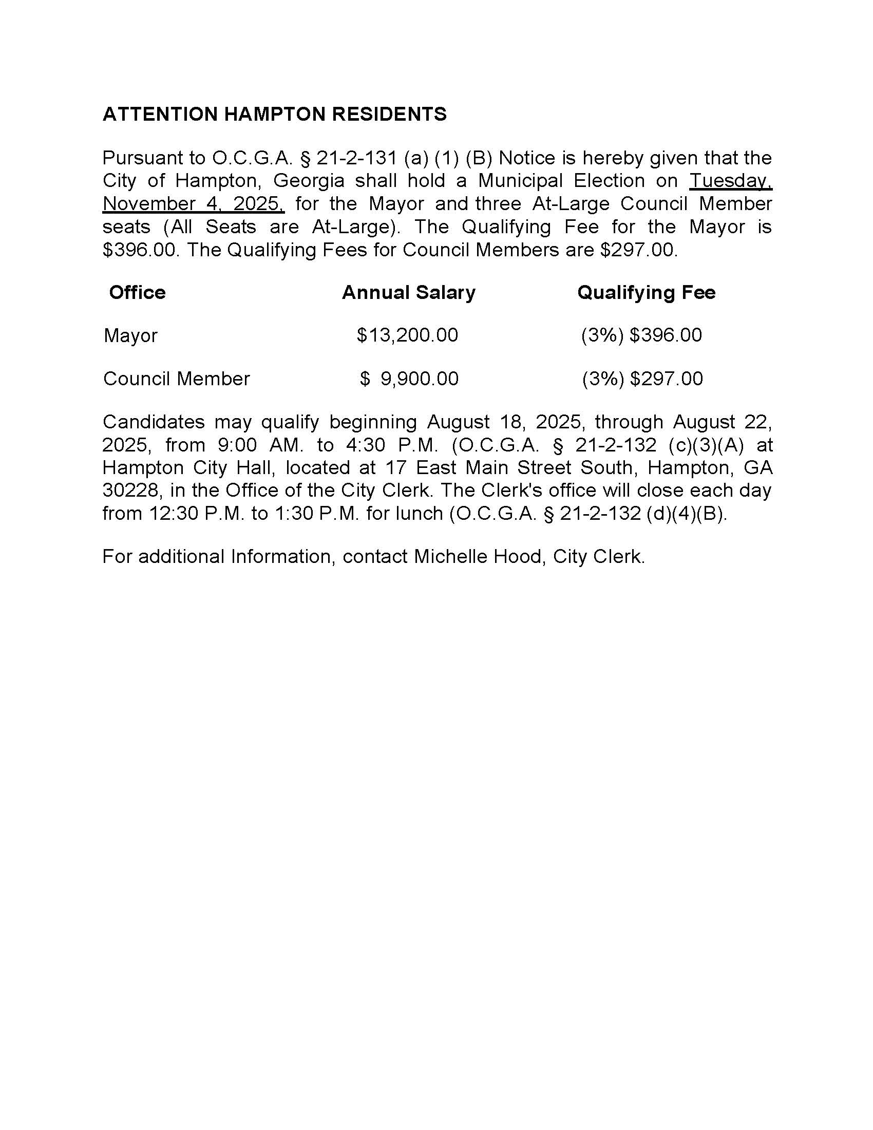 Notice to Residents - Election and Qualifying Fees 11042025